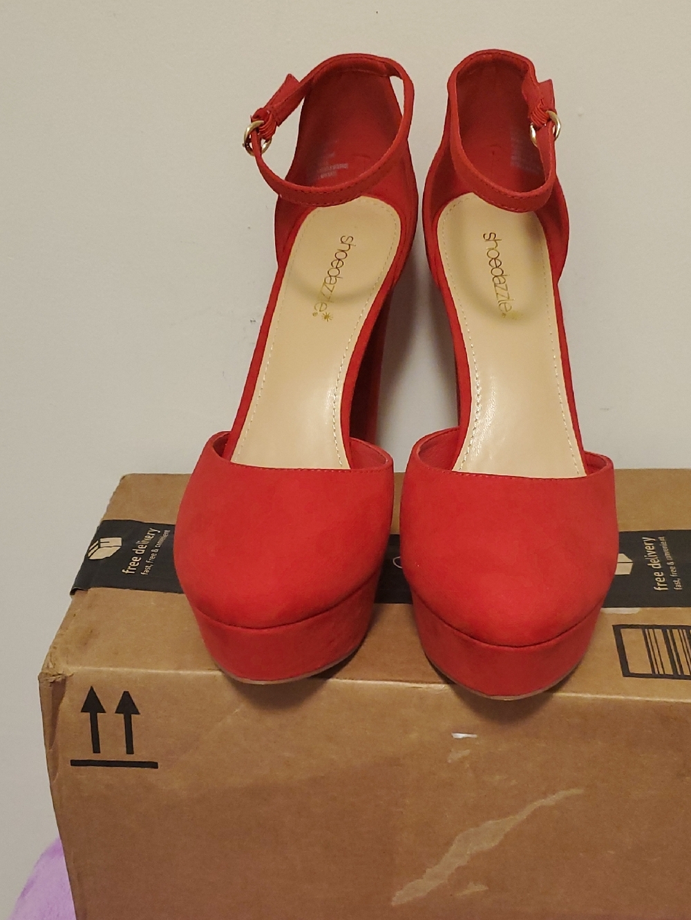 Shoe Dazzle Red Suede Platform Ankle-Strap Heels, Size 12.